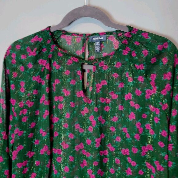 Modcloth Green Sheer Cottage Rose Floral Blouse Womens Size 2X Holiday Gold - Picture 2 of 7